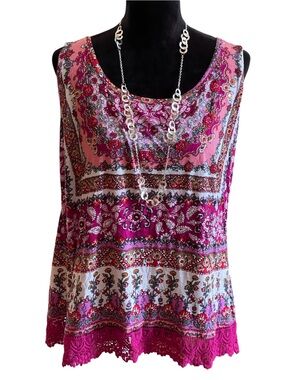 BILA WHIMSICAL PINK FLORAL SLEEVELESS TOP WITH LACE HEM NWTS!! SZ XXL